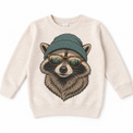 Raccoon wearing a beanie and mountain sunglasses printed on natural sweatshirt, front view