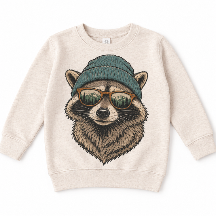 Raccoon wearing a beanie and mountain sunglasses printed on natural sweatshirt, front view