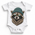 Raccoon wearing a beanie and mountain sunglasses printed on white bodysuit, front view