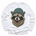 Raccoon wearing a beanie and mountain sunglasses printed on white long sleeve tee, front view