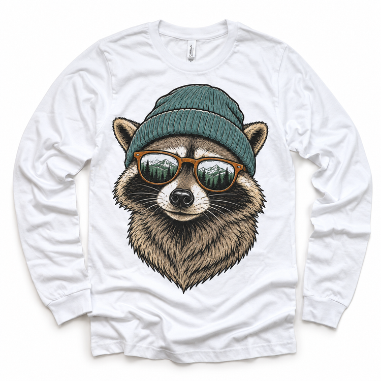 Raccoon wearing a beanie and mountain sunglasses printed on white long sleeve tee, front view