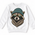 Raccoon wearing a beanie and mountain sunglasses printed on white sweatshirt, front view