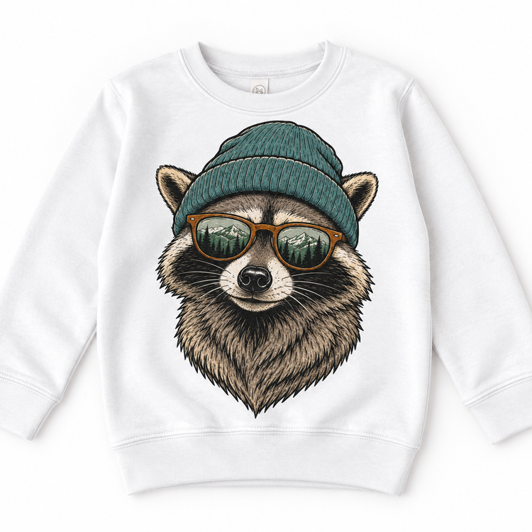 Raccoon wearing a beanie and mountain sunglasses printed on white sweatshirt, front view