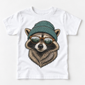 Raccoon wearing a beanie and mountain sunglasses printed on white tee, front view