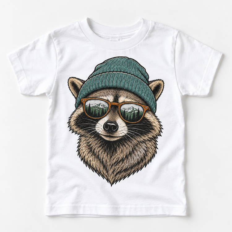 Raccoon wearing a beanie and mountain sunglasses printed on white tee, front view