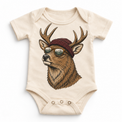 Deer wearing a beanie and mountain sunglasses printed on natural bodysuit, front view