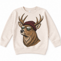 Deer wearing a beanie and mountain sunglasses printed on natural sweatshirt, front view