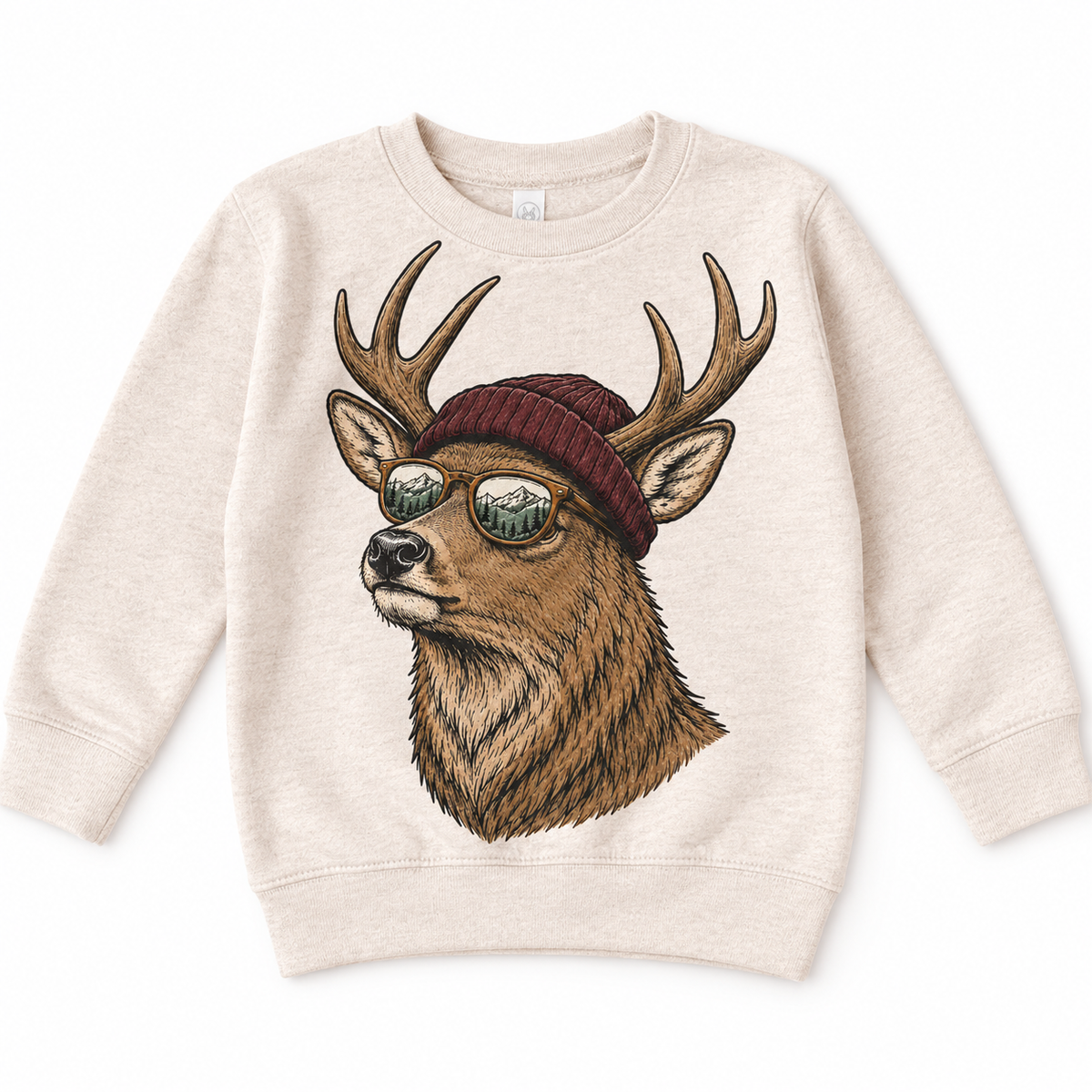 Deer wearing a beanie and mountain sunglasses printed on natural sweatshirt, front view