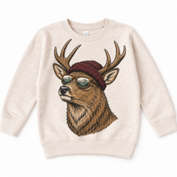 Deer wearing a beanie and mountain sunglasses printed on natural sweatshirt, front view