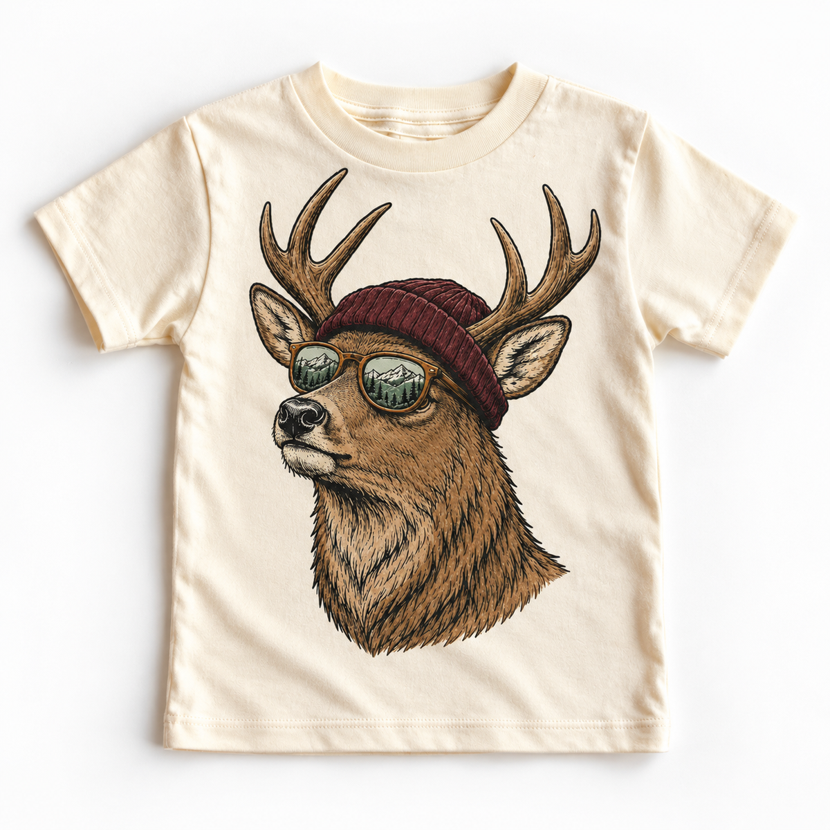 Deer wearing a beanie and mountain sunglasses printed on natural tee, front view