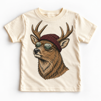 Deer wearing a beanie and mountain sunglasses printed on natural tee, front view