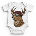 Deer wearing a beanie and mountain sunglasses printed on white bodysuit, front view