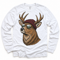 Deer wearing a beanie and mountain sunglasses printed on white long sleeve tee, front view