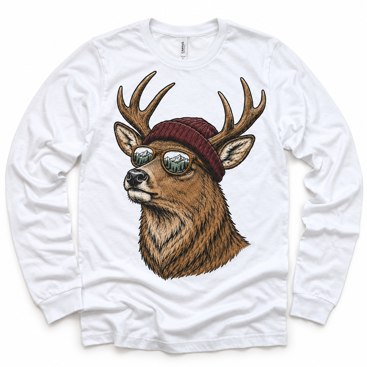 Deer wearing a beanie and mountain sunglasses printed on white long sleeve tee, front view