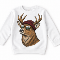 Deer wearing a beanie and mountain sunglasses printed on white sweatshirt, front view