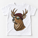 Deer wearing a beanie and mountain sunglasses printed on white tee, front view