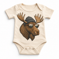 Moose wearing a beanie and mountain sunglasses printed on natural bodysuit, front view