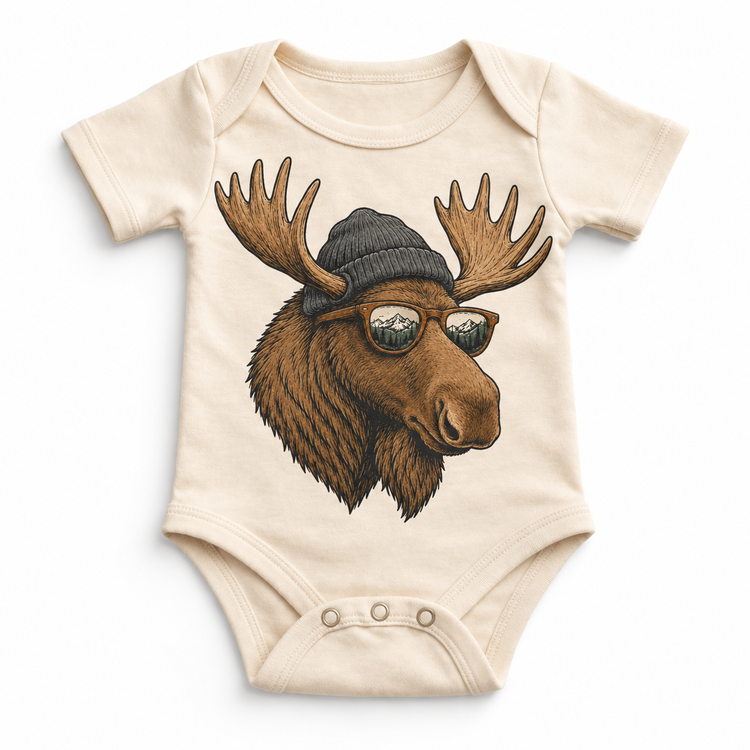 Moose wearing a beanie and mountain sunglasses printed on natural bodysuit, front view