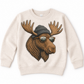 Moose wearing a beanie and mountain sunglasses printed on natural sweatshirt, front view