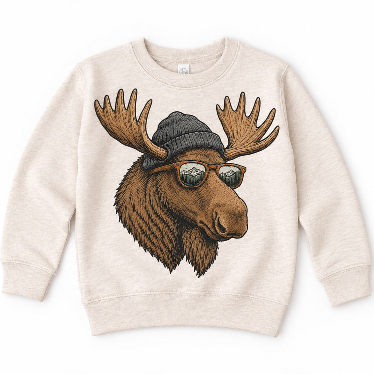 Moose wearing a beanie and mountain sunglasses printed on natural sweatshirt, front view