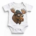 Moose wearing a beanie and mountain sunglasses printed on white bodysuit, front view