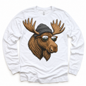 Moose wearing a beanie and mountain sunglasses printed on white long sleeve tee, front view