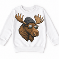 Moose wearing a beanie and mountain sunglasses printed on white sweatshirt, front view