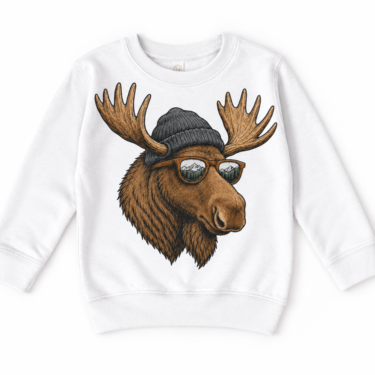 Moose wearing a beanie and mountain sunglasses printed on white sweatshirt, front view