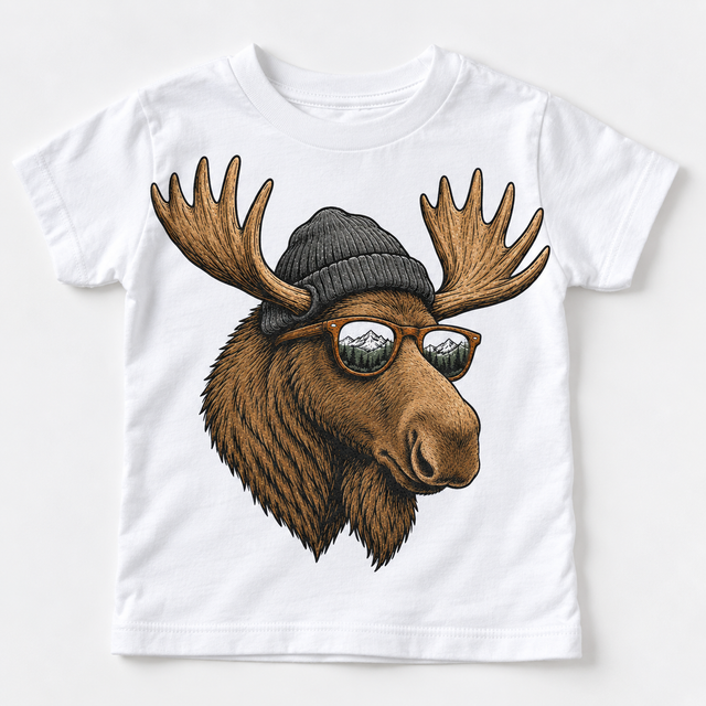 Moose wearing a beanie and mountain sunglasses printed on white tee, front view