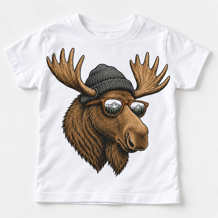 Moose wearing a beanie and mountain sunglasses printed on white tee, front view