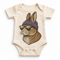 Rabbit wearing a beanie and mountain sunglasses printed on natural bodysuit, front view