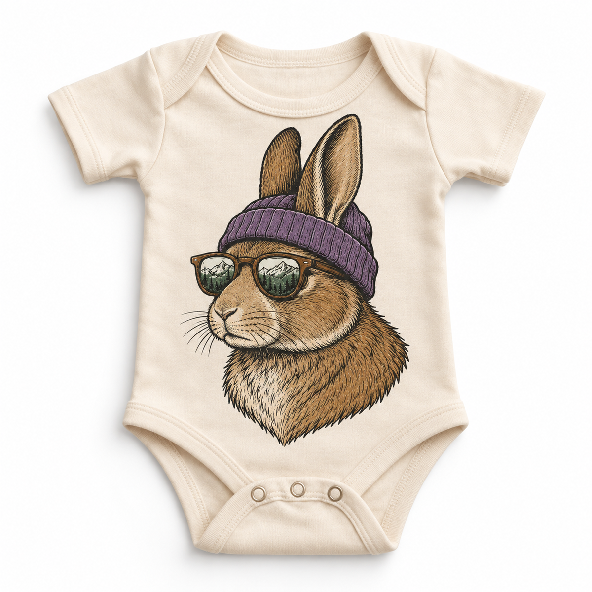 Rabbit wearing a beanie and mountain sunglasses printed on natural bodysuit, front view