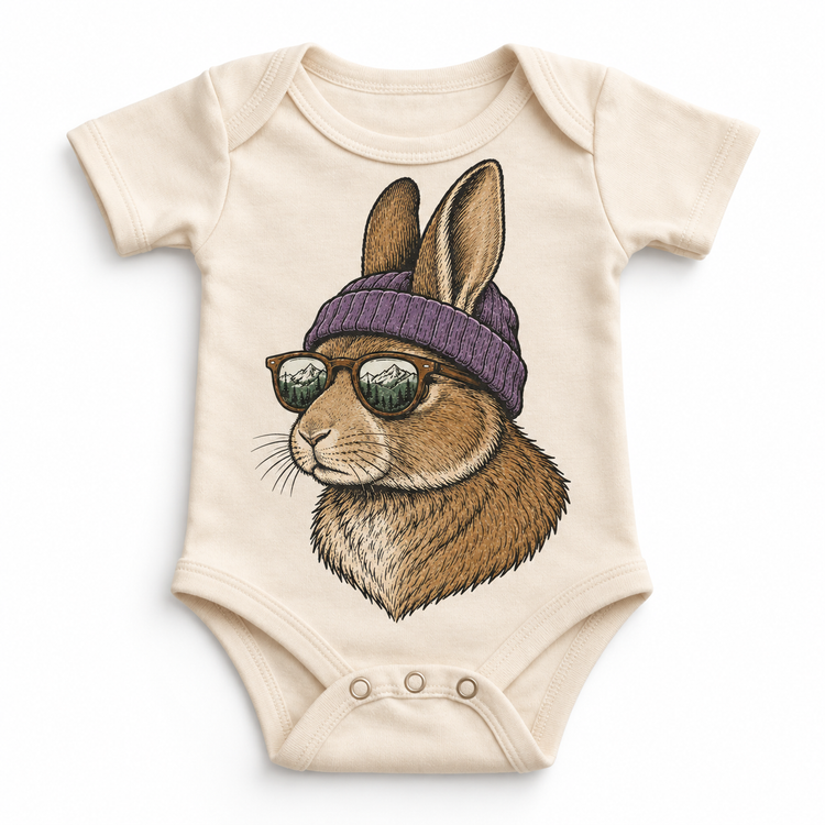 Rabbit wearing a beanie and mountain sunglasses printed on natural bodysuit, front view