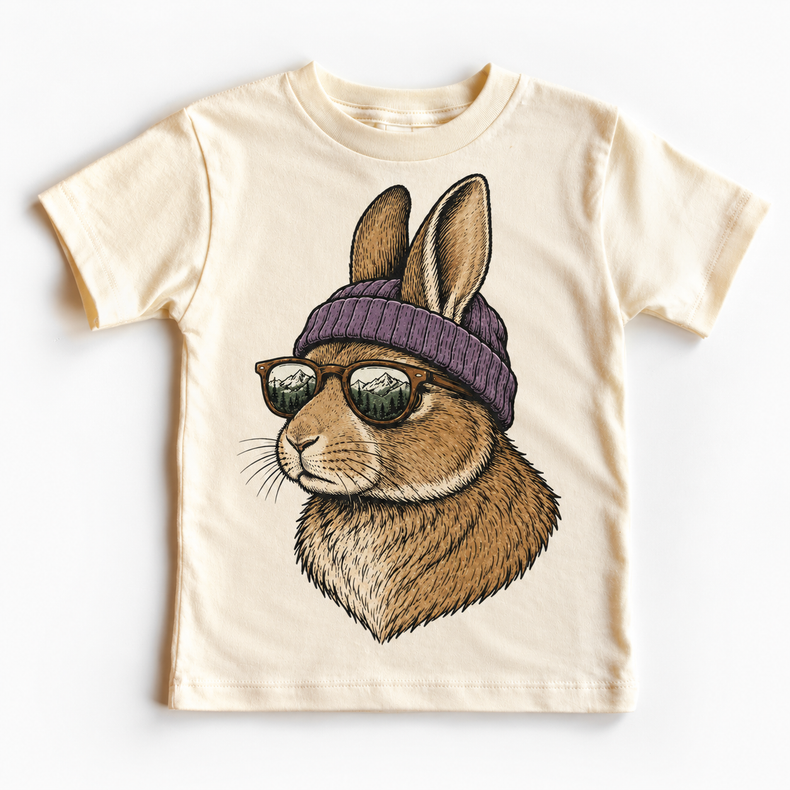 Rabbit wearing a beanie and mountain sunglasses printed on natural tee, front view