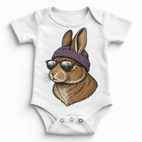 Rabbit wearing a beanie and mountain sunglasses printed on white bodysuit, front view