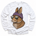 Rabbit wearing a beanie and mountain sunglasses printed on white long sleeve tee, front view