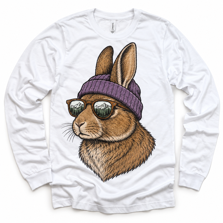 Rabbit wearing a beanie and mountain sunglasses printed on white long sleeve tee, front view