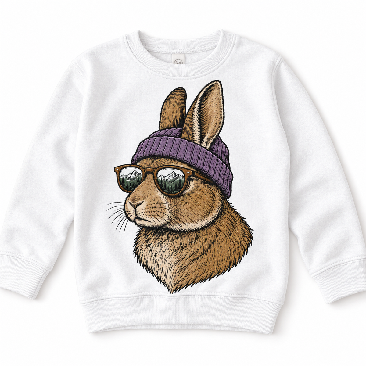 Rabbit wearing a beanie and mountain sunglasses printed on white sweatshirt, front view