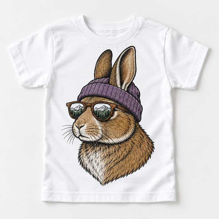 Rabbit wearing a beanie and mountain sunglasses printed on white tee, front view