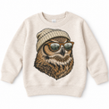 Owl wearing a beanie and mountain sunglasses printed on natural sweatshirt, front view