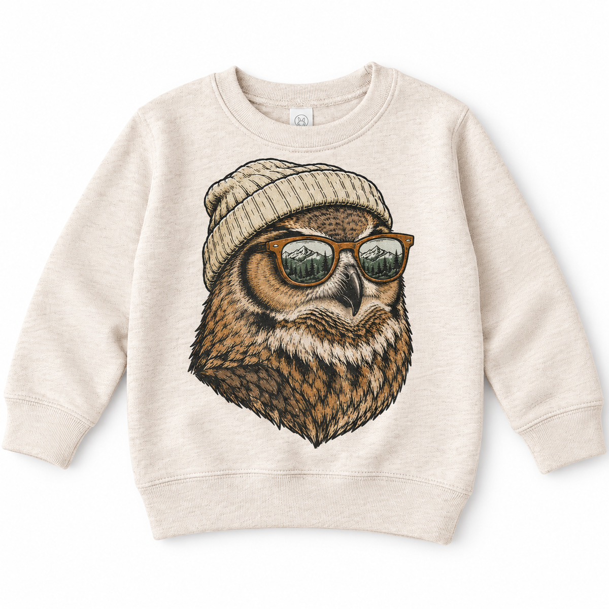 Owl wearing a beanie and mountain sunglasses printed on natural sweatshirt, front view
