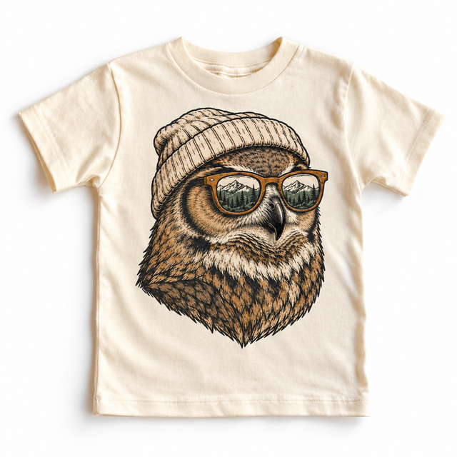 Owl wearing a beanie and mountain sunglasses printed on natural tee, front view