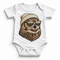 Owl wearing a beanie and mountain sunglasses printed on white bodysuit, front view