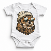 Owl wearing a beanie and mountain sunglasses printed on white bodysuit, front view