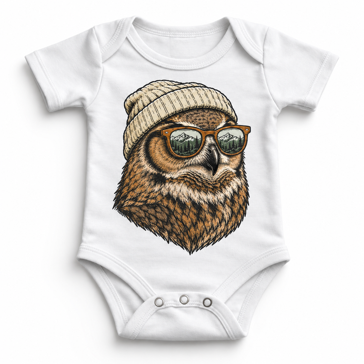 Owl wearing a beanie and mountain sunglasses printed on white bodysuit, front view