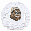 Owl wearing a beanie and mountain sunglasses printed on white long sleeve tee, front view