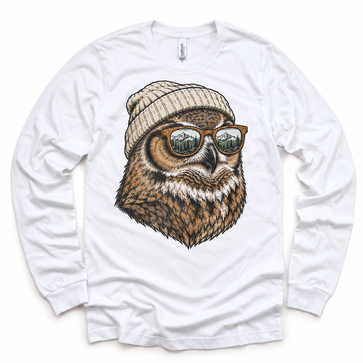 Owl wearing a beanie and mountain sunglasses printed on white long sleeve tee, front view