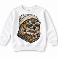 Owl wearing a beanie and mountain sunglasses printed on white sweatshirt, front view