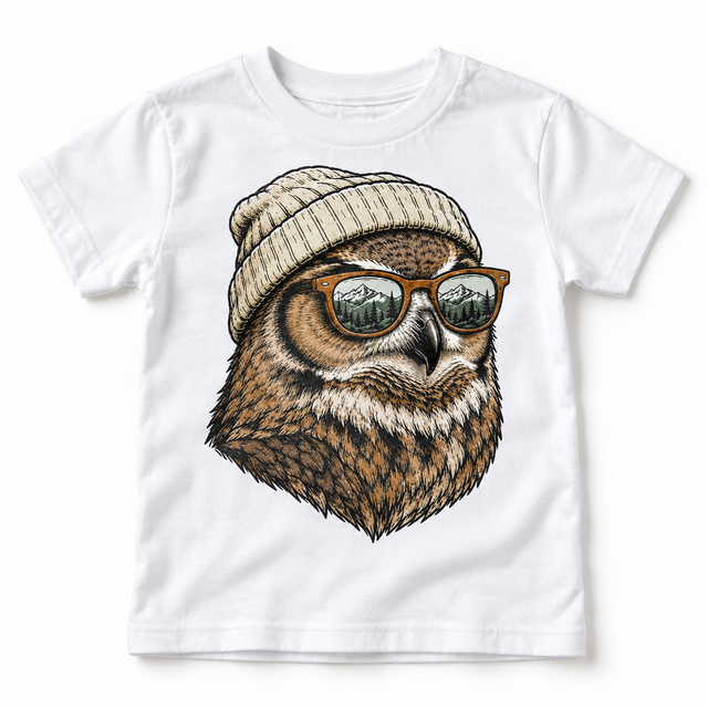 Owl wearing a beanie and mountain sunglasses printed on white tee, front view