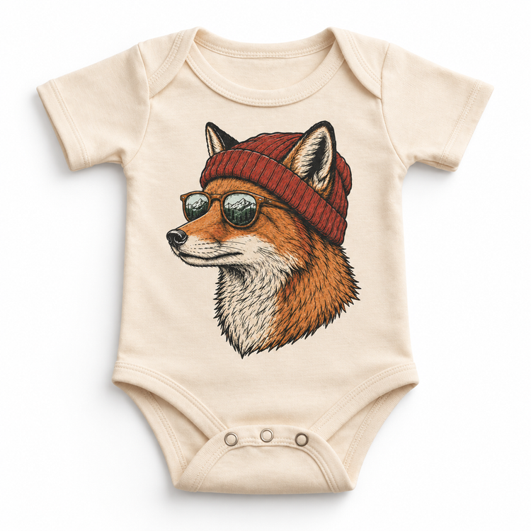 Fox wearing a beanie and mountain sunglasses printed on natural bodysuit, front view